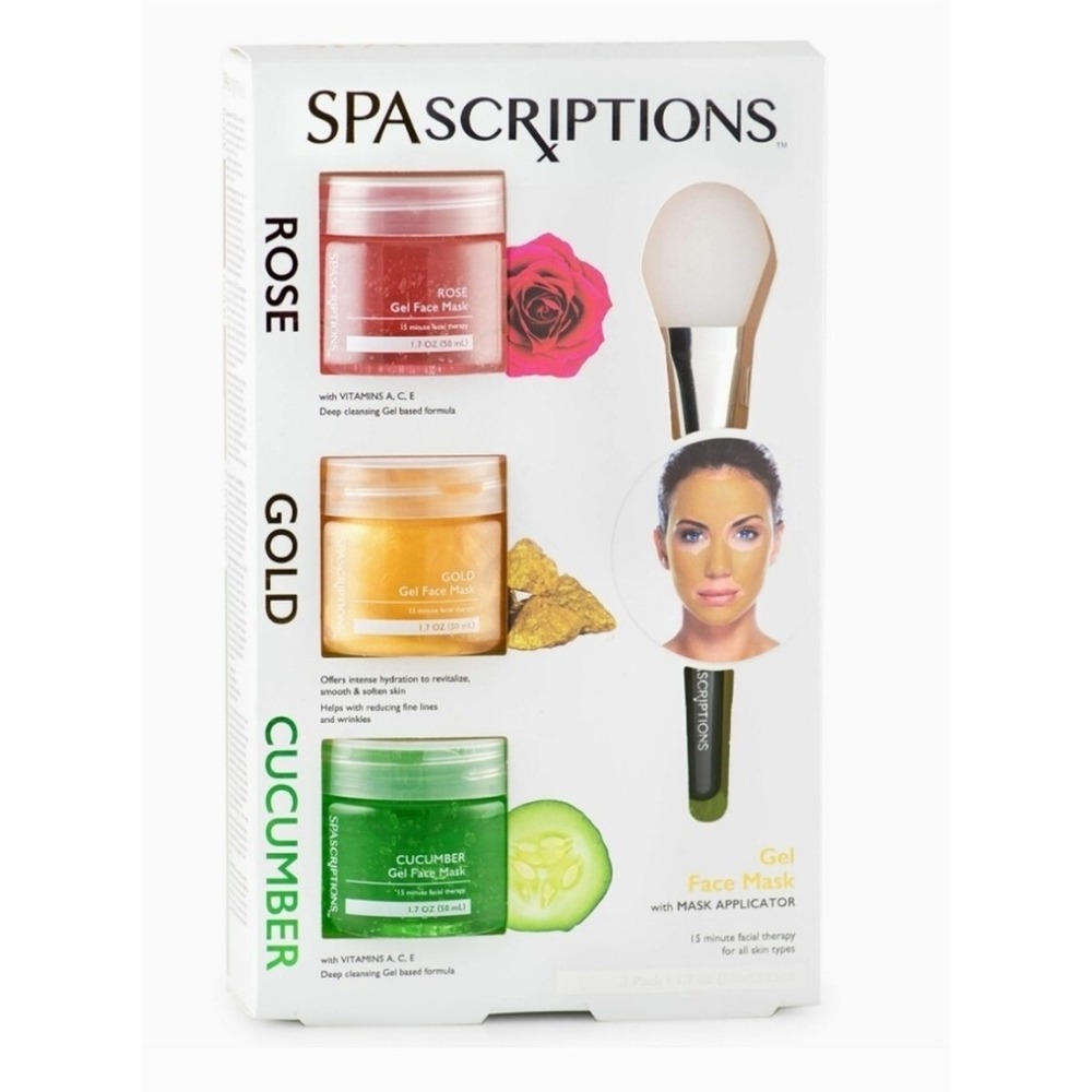 SPA SCRIPTIONS 3-Pack Gel Face Mask (Rose, Gold, Cucumber) w Applicator, 1.7